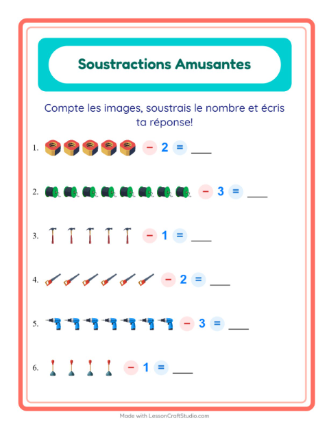 Aperçu de la fiche Soustraction avec Outils pour École maternelle (grande section, 5-7 ans)