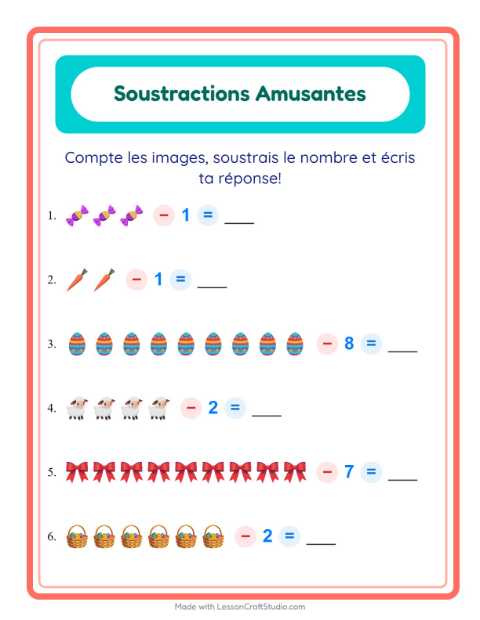 Aperçu de la fiche Soustraction avec Pâques pour École maternelle (grande section, 5-7 ans)