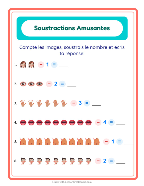 Aperçu de la fiche Soustraction avec Parties du corps pour École maternelle (grande section, 5-7 ans)