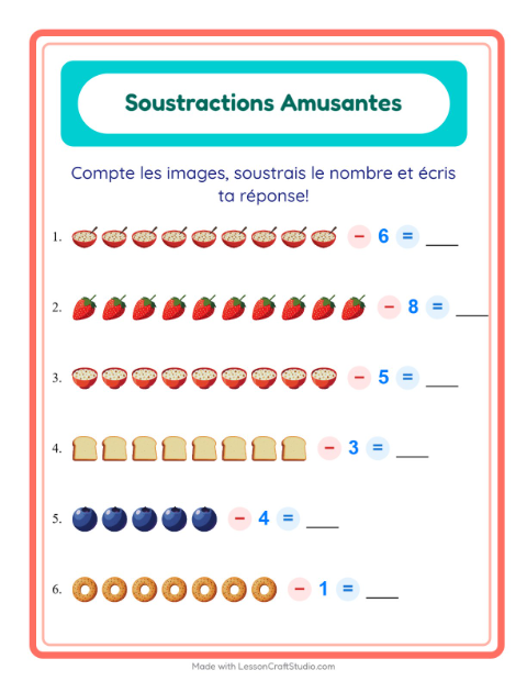 Aperçu de la fiche Soustraction avec Petit-déjeuner pour École maternelle (grande section, 5-7 ans)