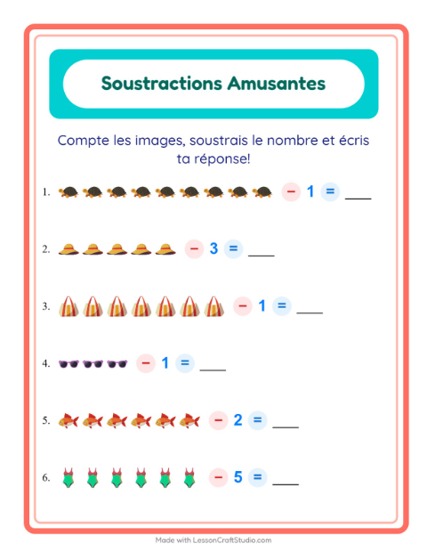 Aperçu de la fiche Soustraction avec Plage pour École maternelle (grande section, 5-7 ans)