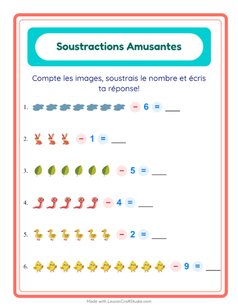 Aperçu de la fiche Soustraction avec Printemps pour École maternelle (grande section, 5-7 ans)