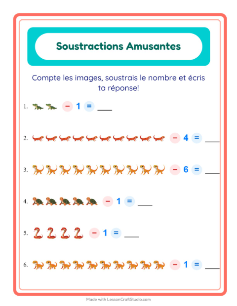 Aperçu de la fiche Soustraction avec Reptiles et amphibiens pour École maternelle (grande section, 5-7 ans)