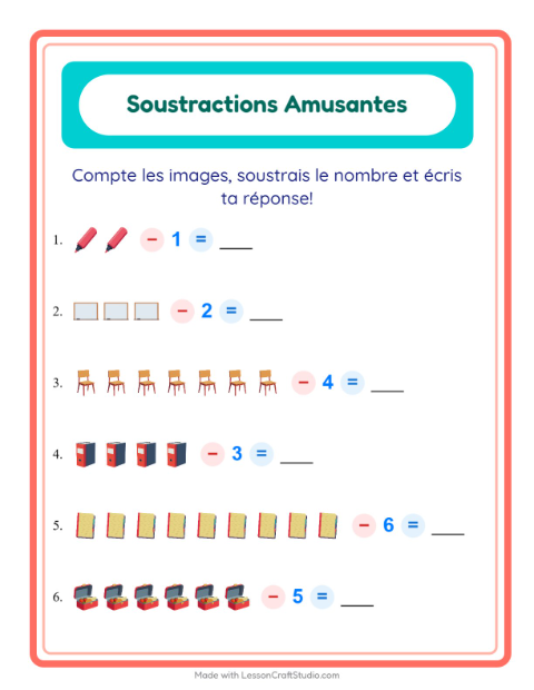 Aperçu de la fiche Soustraction avec Salle de classe pour École maternelle (grande section, 5-7 ans)