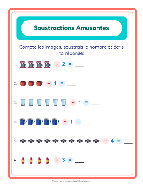Aperçu de la fiche Soustraction avec Ustensiles de cuisine pour École maternelle (grande section, 5-7 ans)