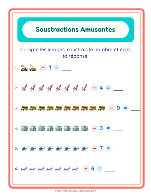 Aperçu de la fiche Soustraction avec Véhicules pour École maternelle (grande section, 5-7 ans)