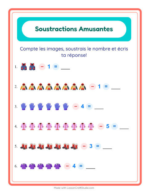 Aperçu de la fiche Soustraction avec Vêtements pour École maternelle (grande section, 5-7 ans)
