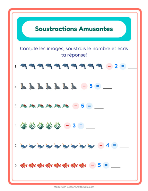 Aperçu de la fiche Soustraction avec Vie océanique pour École maternelle (grande section, 5-7 ans)