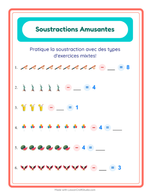 Aperçu de la fiche Soustraction avec 4 juillet pour École maternelle (grande section, 5-7 ans)