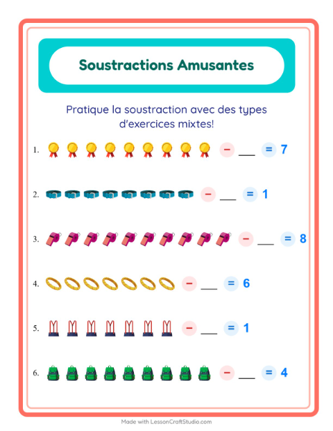 Aperçu de la fiche Soustraction avec Accessoires pour École maternelle (grande section, 5-7 ans)