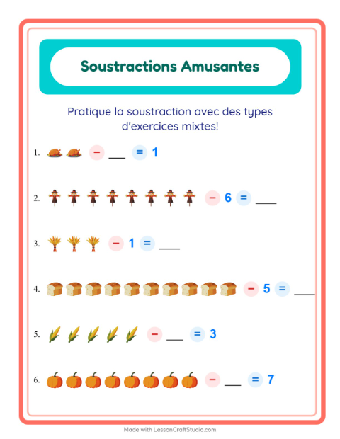 Aperçu de la fiche Soustraction avec Action de grâce pour École maternelle (grande section, 5-7 ans)