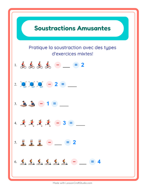 Aperçu de la fiche Soustraction avec Activités pour École maternelle (grande section, 5-7 ans)