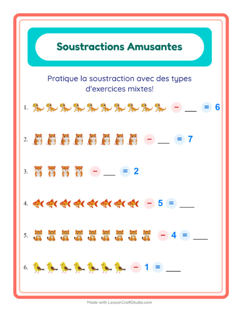 Aperçu de la fiche Soustraction avec Animaux de compagnie pour École maternelle (grande section, 5-7 ans)