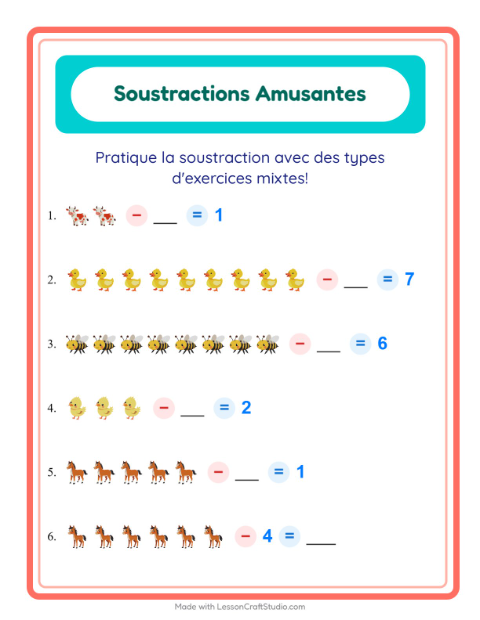 Aperçu de la fiche Soustraction avec Animaux de la ferme pour École maternelle (grande section, 5-7 ans)