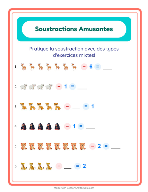 Aperçu de la fiche Soustraction avec Animaux du zoo pour École maternelle (grande section, 5-7 ans)
