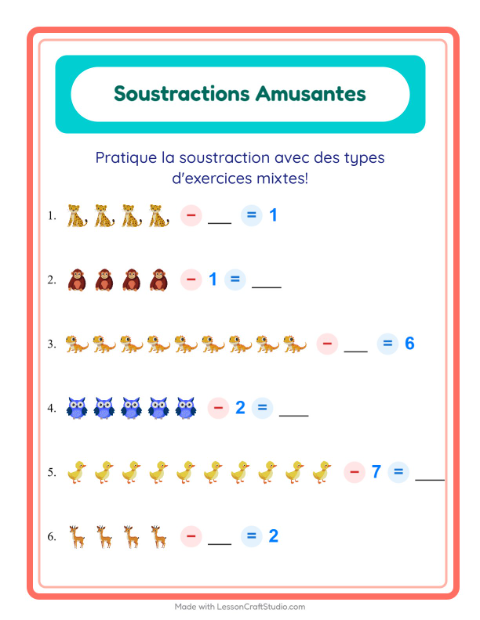 Aperçu de la fiche Soustraction avec Animaux pour École maternelle (grande section, 5-7 ans)