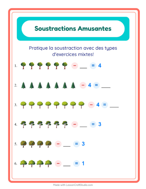 Aperçu de la fiche Soustraction avec Arbres pour École maternelle (grande section, 5-7 ans)