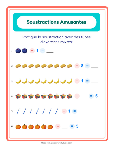 Aperçu de la fiche Soustraction avec Au supermarché pour École maternelle (grande section, 5-7 ans)