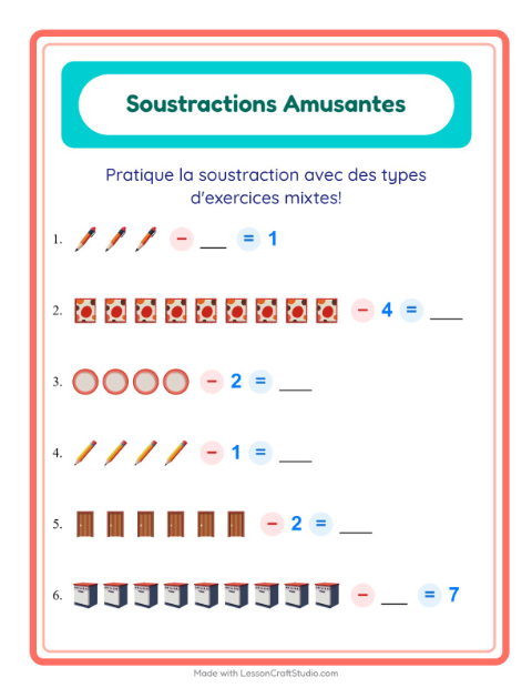 Aperçu de la fiche Soustraction avec Autour de la maison pour École maternelle (grande section, 5-7 ans)