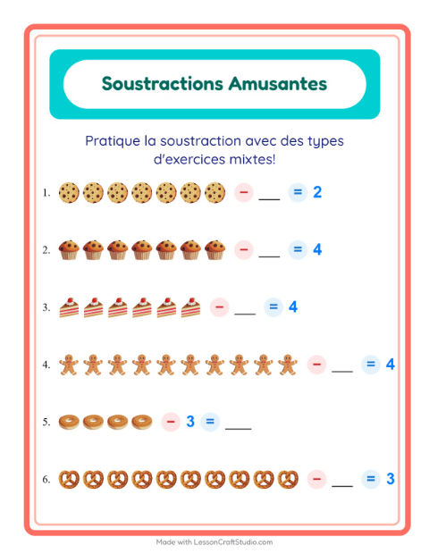 Aperçu de la fiche Soustraction avec Boulangerie pour École maternelle (grande section, 5-7 ans)