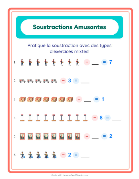 Aperçu de la fiche Soustraction avec Bureau de poste pour École maternelle (grande section, 5-7 ans)