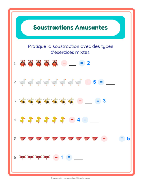 Aperçu de la fiche Soustraction avec Choses qui volent pour École maternelle (grande section, 5-7 ans)