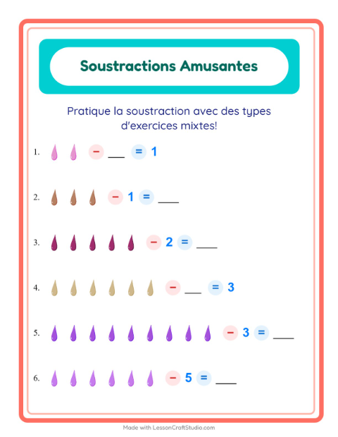 Aperçu de la fiche Soustraction avec Couleurs pour École maternelle (grande section, 5-7 ans)