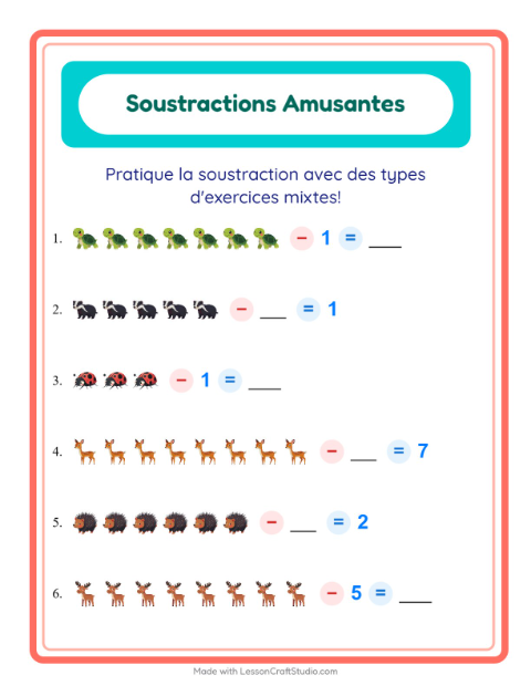 Aperçu de la fiche Soustraction avec Créatures de la forêt pour École maternelle (grande section, 5-7 ans)