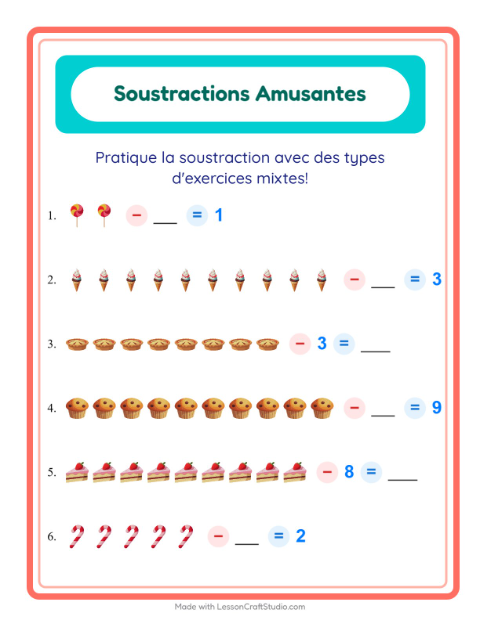Aperçu de la fiche Soustraction avec Desserts et sucreries pour École maternelle (grande section, 5-7 ans)