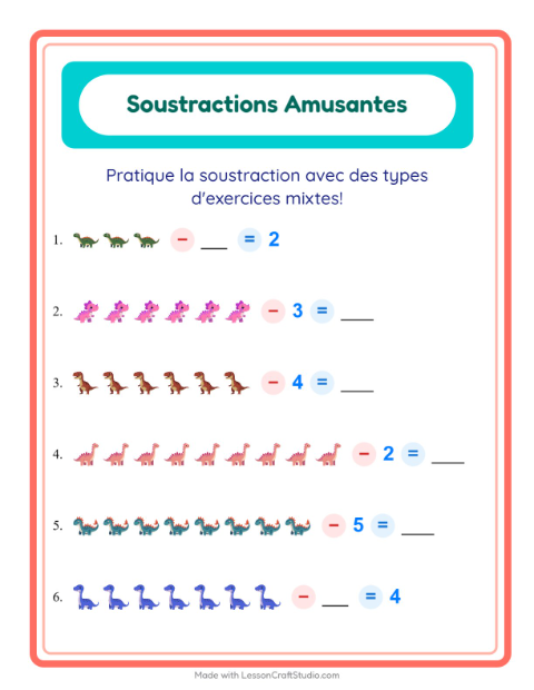 Aperçu de la fiche Soustraction avec Dinosaures pour École maternelle (grande section, 5-7 ans)