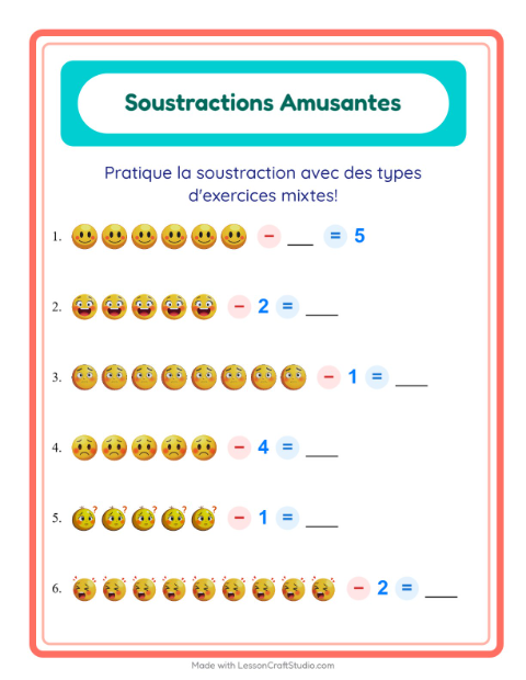 Aperçu de la fiche Soustraction avec Émotions pour École maternelle (grande section, 5-7 ans)