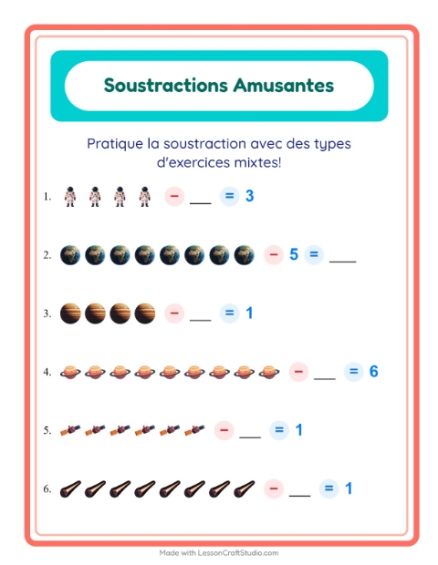Aperçu de la fiche Soustraction avec Espace pour École maternelle (grande section, 5-7 ans)