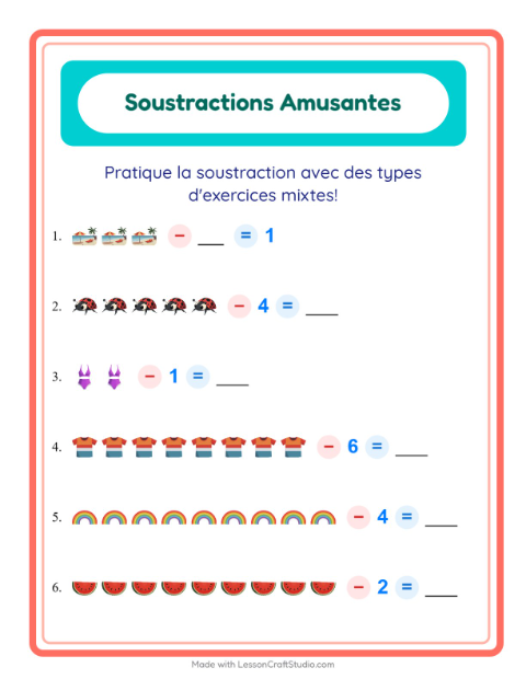 Aperçu de la fiche Soustraction avec Été pour École maternelle (grande section, 5-7 ans)