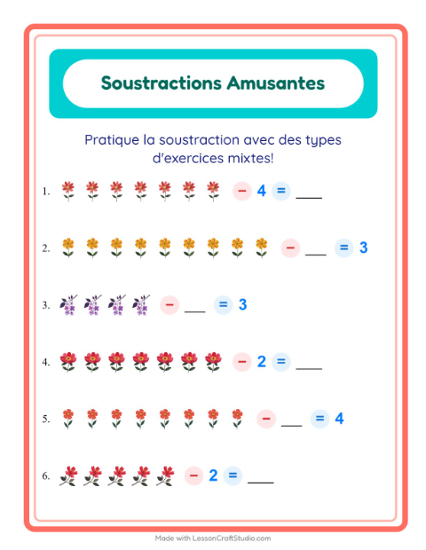 Aperçu de la fiche Soustraction avec Fleurs pour École maternelle (grande section, 5-7 ans)