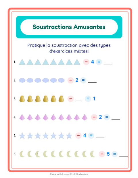 Aperçu de la fiche Soustraction avec Formes pour École maternelle (grande section, 5-7 ans)