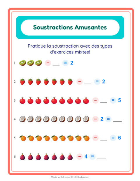 Aperçu de la fiche Soustraction avec Fruits pour École maternelle (grande section, 5-7 ans)