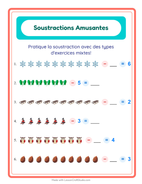 Aperçu de la fiche Soustraction avec Hiver pour École maternelle (grande section, 5-7 ans)