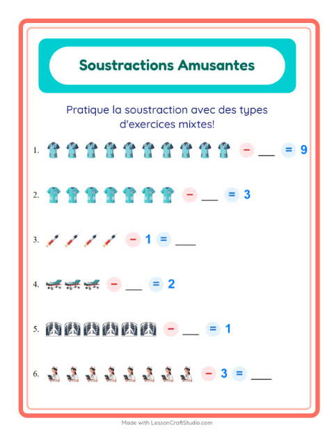 Aperçu de la fiche Soustraction avec Hôpital pour École maternelle (grande section, 5-7 ans)