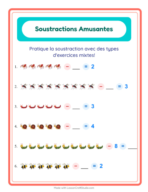 Aperçu de la fiche Soustraction avec Insectes et bestioles pour École maternelle (grande section, 5-7 ans)