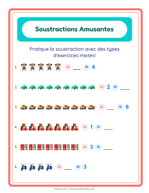Aperçu de la fiche Soustraction avec Jouets pour École maternelle (grande section, 5-7 ans)