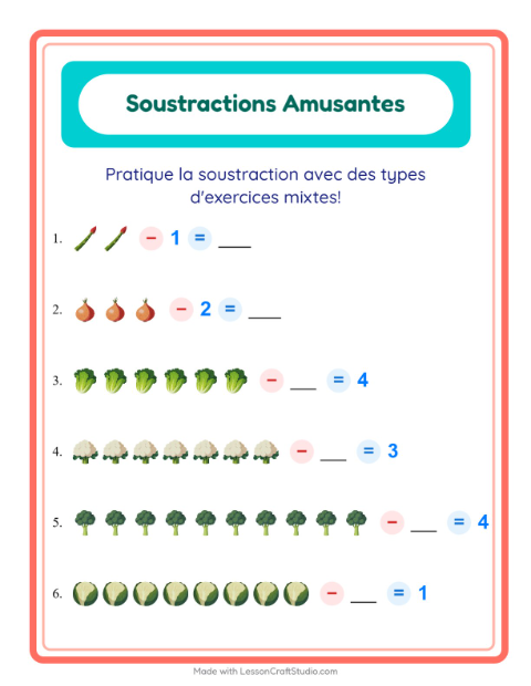 Aperçu de la fiche Soustraction avec Légumes pour École maternelle (grande section, 5-7 ans)