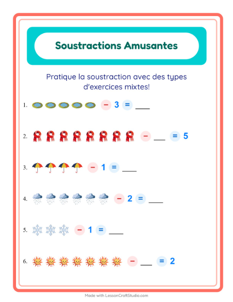 Aperçu de la fiche Soustraction avec Météo pour École maternelle (grande section, 5-7 ans)