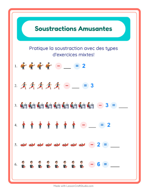 Aperçu de la fiche Soustraction avec Métiers pour École maternelle (grande section, 5-7 ans)