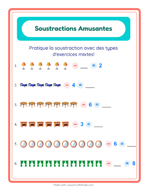 Aperçu de la fiche Soustraction avec Meubles pour École maternelle (grande section, 5-7 ans)