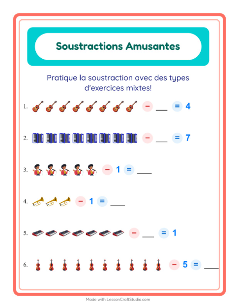 Aperçu de la fiche Soustraction avec Musique pour École maternelle (grande section, 5-7 ans)