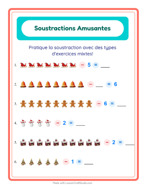 Aperçu de la fiche Soustraction avec Noël pour École maternelle (grande section, 5-7 ans)