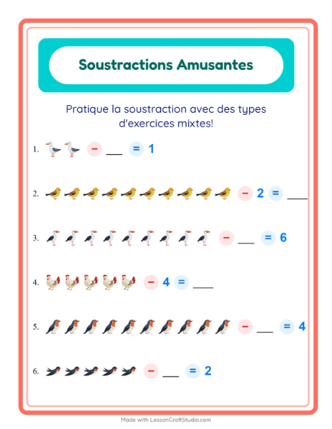 Aperçu de la fiche Soustraction avec Oiseaux 2 pour École maternelle (grande section, 5-7 ans)