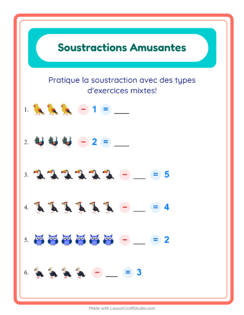 Aperçu de la fiche Soustraction avec Oiseaux pour École maternelle (grande section, 5-7 ans)