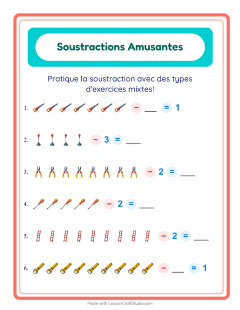 Aperçu de la fiche Soustraction avec Outils pour École maternelle (grande section, 5-7 ans)