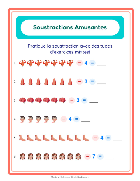 Aperçu de la fiche Soustraction avec Parties du corps pour École maternelle (grande section, 5-7 ans)